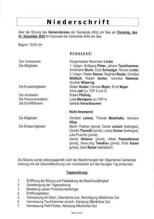 Niederschrift Gemeinderatssitzung 01.12.2020