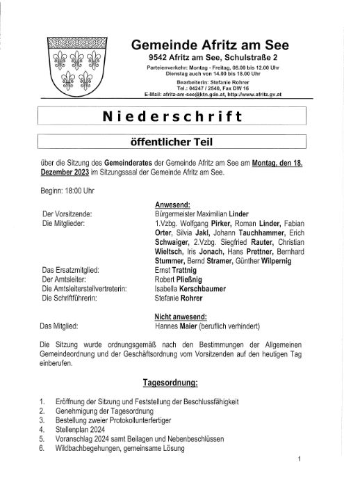 Niederschrift Gemeinderatssitzung 18.12.2023