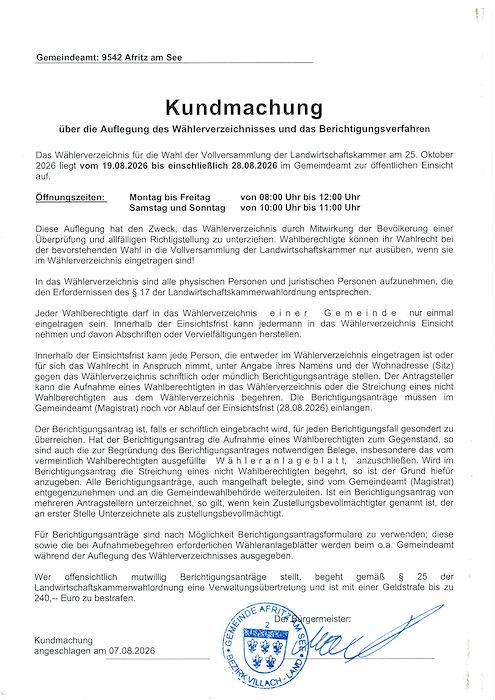 Kundmachung - Auflegung des Wählerverzeichnisses und das Berichtigungsverfahren