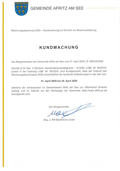 Rechnungsabschluss 2025 - Kundmachung zur Einsicht vor Beschlussfassung