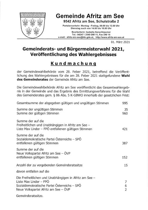 Kundmachung - Veröffentlichung des Wahlergebnisses zur Gemeinderatswahl 2021
