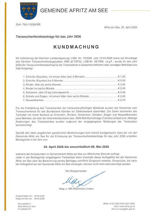 Tierseuchenfondsbeiträge 2026