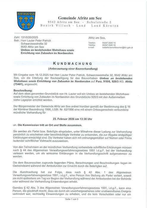 Kundmachung - Anberaumung einer Bauverhandlung