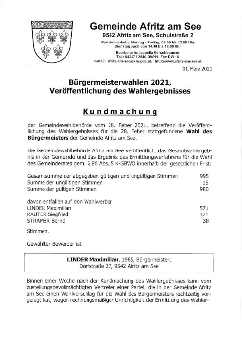 Kundmachung - Veröffentlichung des Wahlergebnisses zur Bürgermeisterwahl 2021