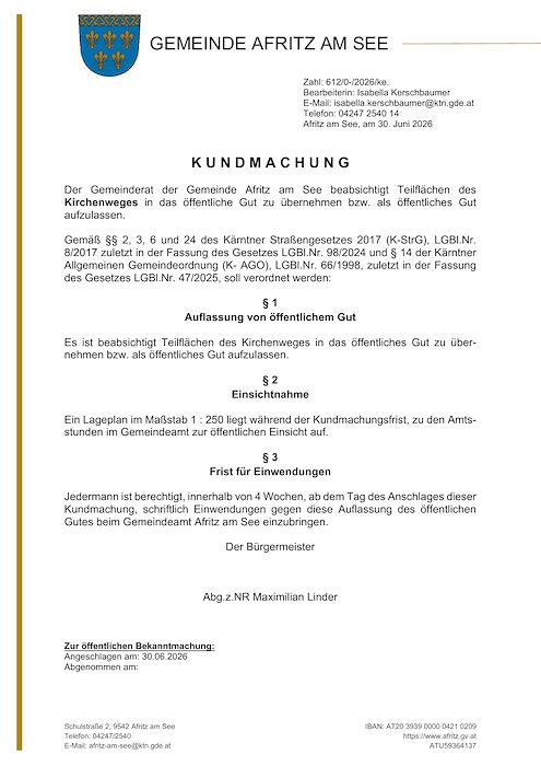 Kundmachung - Auflassung öffentliches Gut Kirchenweg