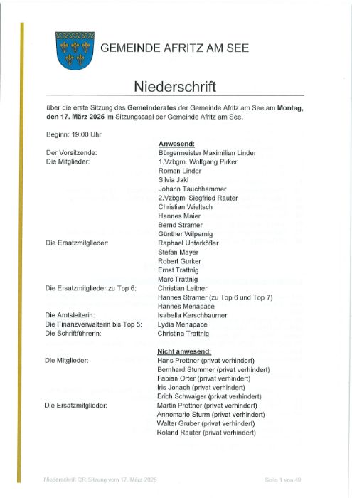 Niederschrift Gemeinderatssitzung 17.03.2025