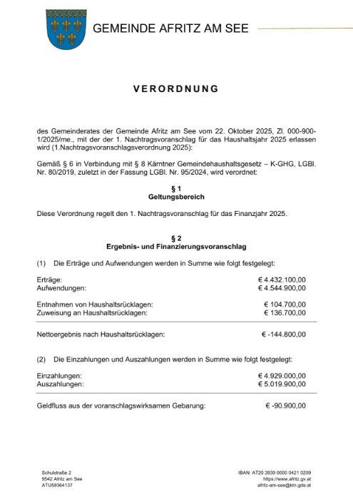 Verordnung zum 1. Nachtragsvoranschlag für das Haushaltsjahr 2025