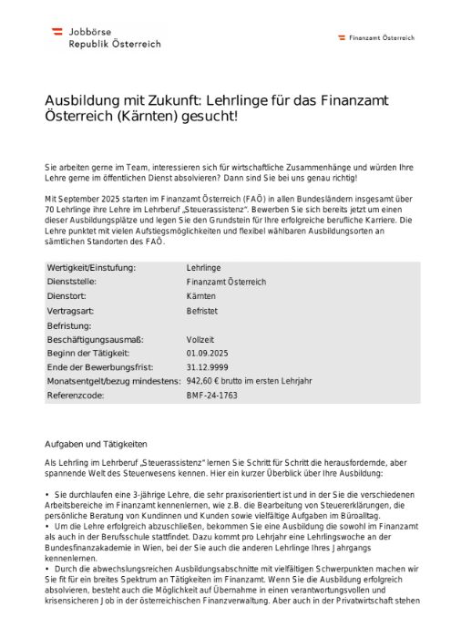 Stellenausschreiben Kärnten (Finanzamt)