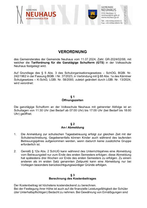 Tarifordnung für die Ganztägige Schulform (GTS)