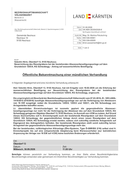 Öffentliche Bekanntmachung der Bezirkshauptmannschaft Völkermarkt vom 31.08.2026, 