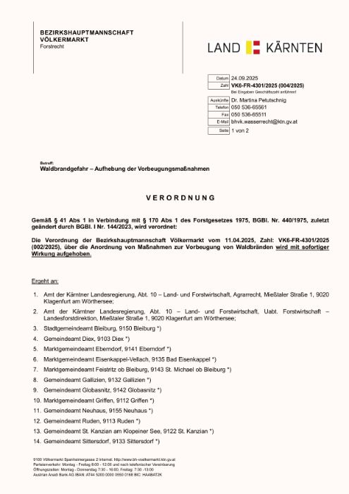 Verordnung der Bezirkshauptmannschaft Völkermarkt vom 24.09.2025, Zl. VK6-FR-4301/2025