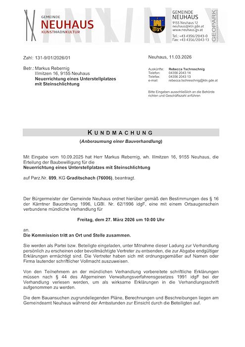 Kundmachung der Gemeinde Neuhaus vom 11.03.2026, Zl. 131-9/01/2026/01