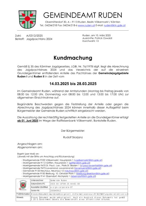 Kundmachung der Gemeinde Ruden vom 10.03.2025, Zl. A/0312/2025, 