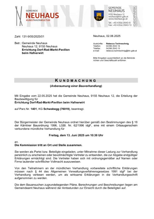 Kundmachung der Gemeinde Neuhaus vom 02.06.2025, Zl. 131-9/05/2025/01