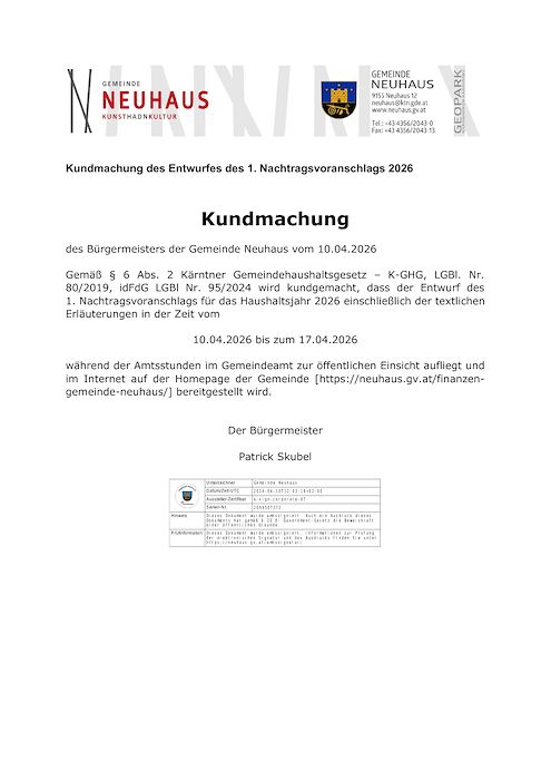 Kundmachung des Entwurfes des 1. Nachtragsvoranschlags 2026
