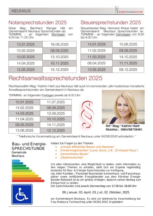 Sprechstundentermine 2025 - Notar, Rechtsanwalt, Steuer, Energie 