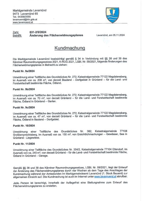 Kundmachung der Marktgemeinde Lavamünd vom 05.11.2024, Zl. 031-2/5/2024, 