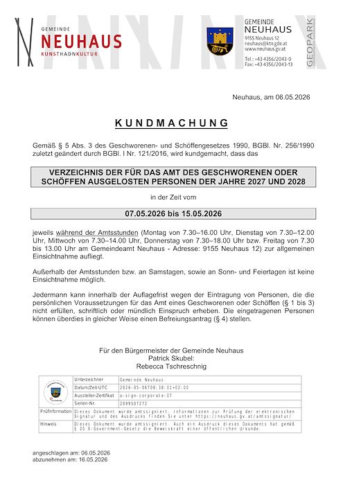Kundmachung der Gemeinde Neuhaus vom 06.05.2026,