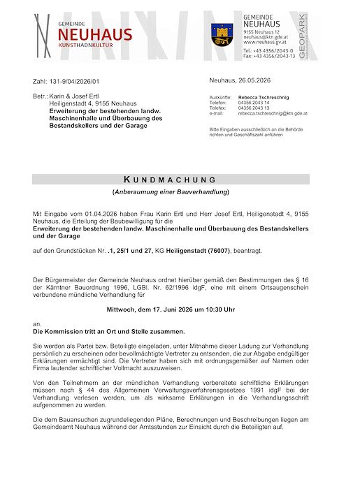 Kundmachung der Gemeinde Neuhaus vom 26.05.2026, Zl. 131-9/04/2026/01