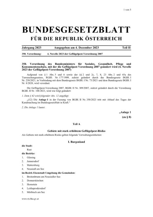 KUNDMACHUNG gem. § 9 der Geflügelpest-Verordnung, Zl.  VK2-VET-464/2020 (018/2023)