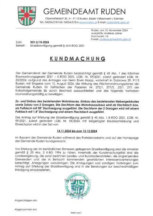 Kundmachung der Gemeinde Ruden vom 13.11.2024, Zl. 031-2/10-2024,