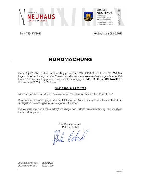 Kundmachung der Gemeinde Neuhaus vom 09.03.2026, Zl. 747-5/1/2026