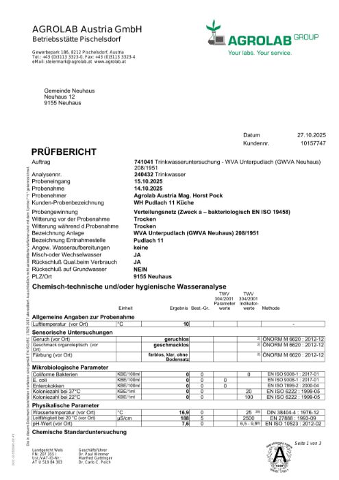 WVA Pudlach: Trinkwasseruntersuchung - Prüfbericht vom 27.10.2025
