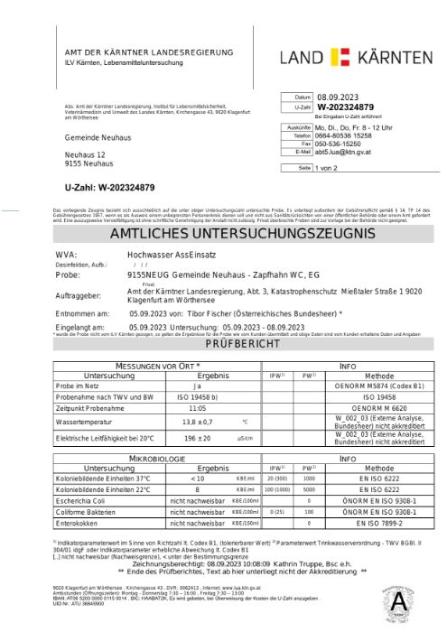 Amtliches Untersuchungszeugnis WVA Pudlach vom 8.9.2023