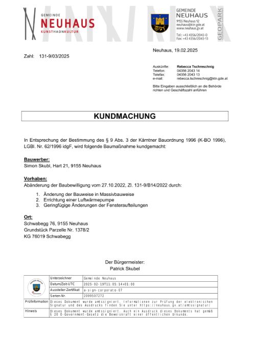 Kundmachung der Gemeinde Neuhaus vom 19.02.2025, Zl. 131-9/03/2025