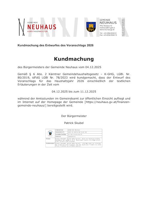 Kundmachung des Entwurfs des Voranschlags 2026
