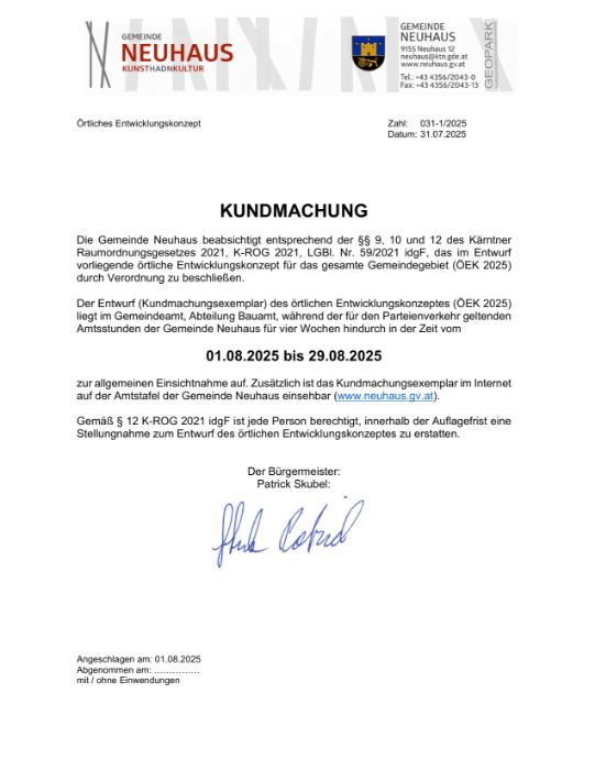 Kundmachung der Gemeinde Neuhaus vom 31.07.2025, Zl. 031-1/2025