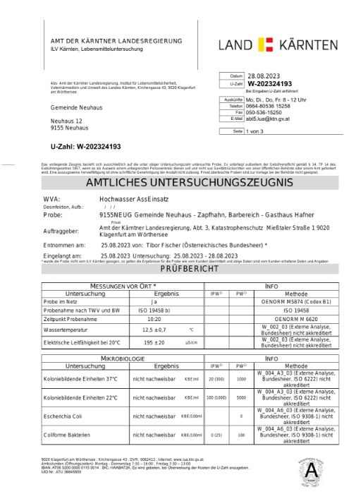 Amtliches Untersuchungszeugnis WVA Schwabegg vom 28.8.2023