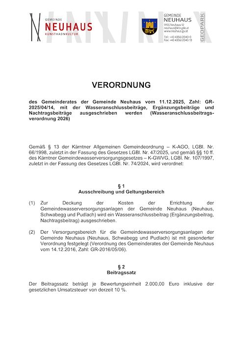 Wasseranschlussbeitragsverordnung 2026