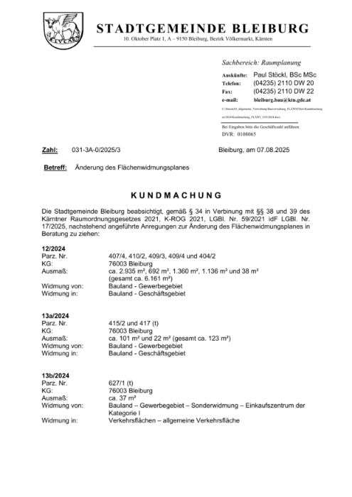 Kundmachung der Stadtgemeinde Bleiburg vom 07.08.2025, Zl. 031-3A-0/2025/3