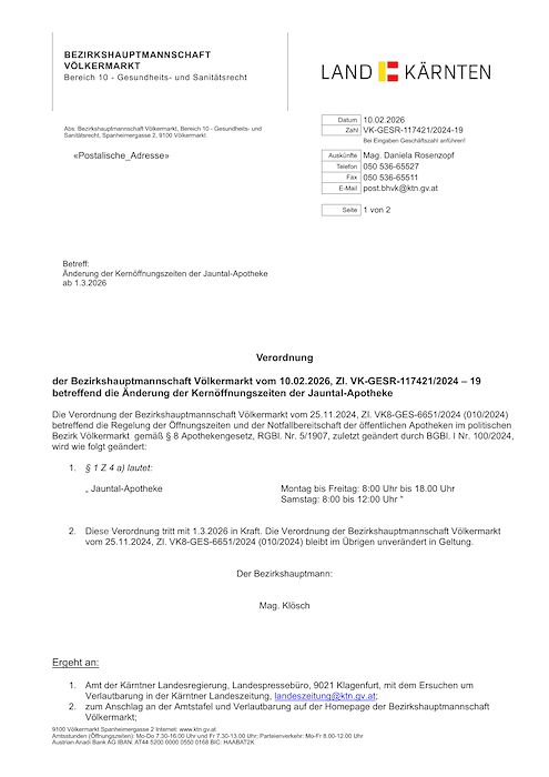 Verordnung der Bezirkshauptmannschaft Völkermarkt vom 10.02.2026, Zl. VK-GESR-117421/2024,