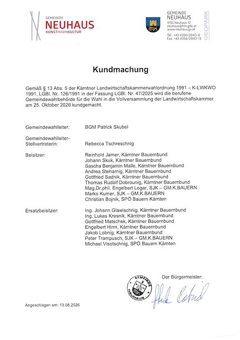 Kundmachung der Gemeinde Neuhaus 
