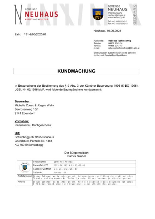 Kundmachung der Gemeinde Neuhaus vom 16.06.2025, Zl. 131-9/06/2025/01