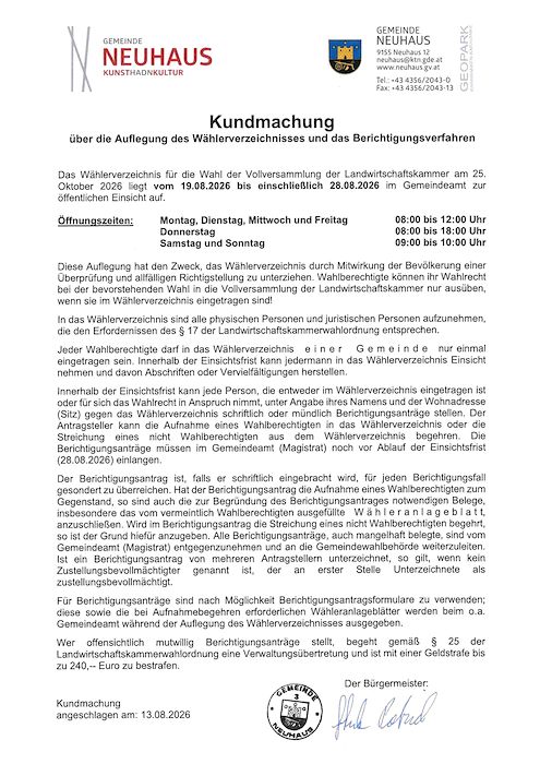 Kundmachung der Gemeinde Neuhaus 