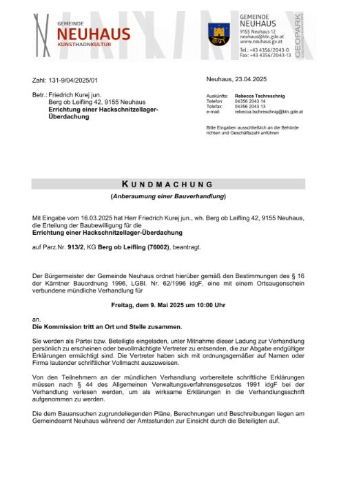 Kundmachung der Gemeinde Neuhaus vom 23.04.2025, Zl. 131-9/04/2025/01