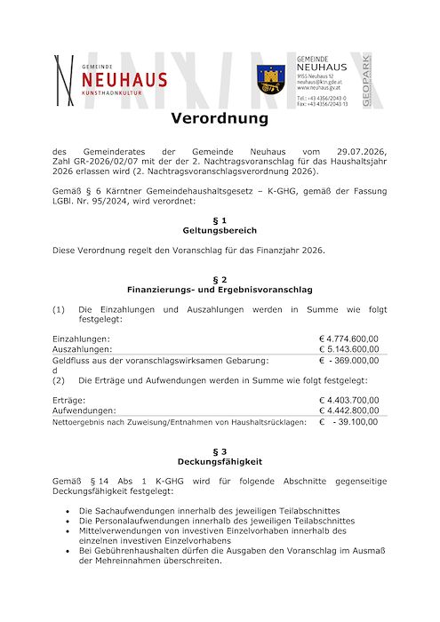 2. Nachtragsvoranschlag 2026