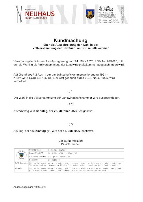 Ausschreibung der Wahl in die Vollversammlung der Kärntner Landwirtschaftskammer