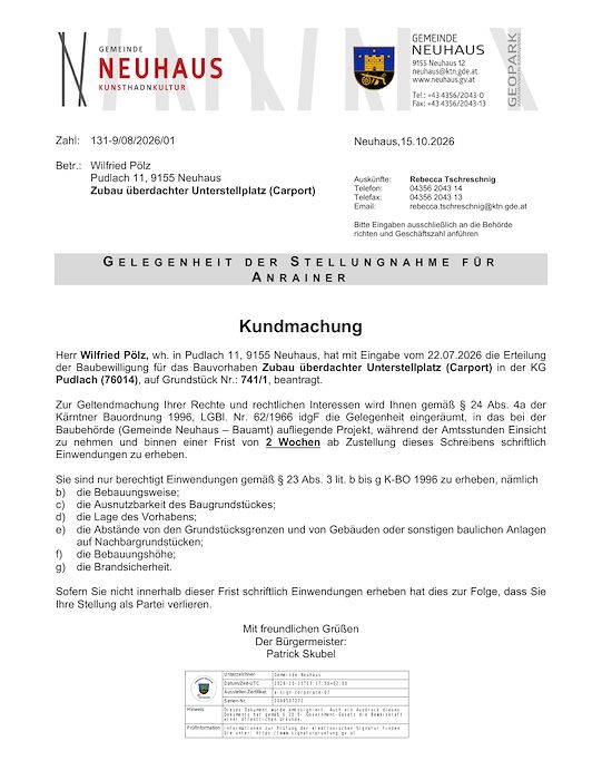 Kundmachung der Gemeinde Neuhaus vom 15.10.2026, Zl. 131-9/08/2026/01