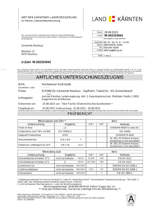 Amtliches Untersuchungszeugnis WVA Neuhaus vom 28.8.2023