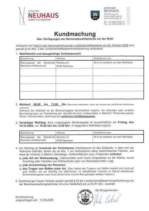 Kundmachung der Gemeinde Neuhaus