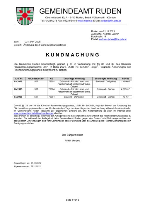 Kundmachung der Gemeinde Ruden vom 21.11.2025, Zl. 031-2/14-2025