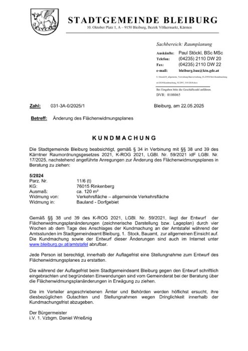 Kundmachung der Stadtgemeinde Bleiburg vom 22.05.2025, Zl. 031-3A-0/2025/1,
