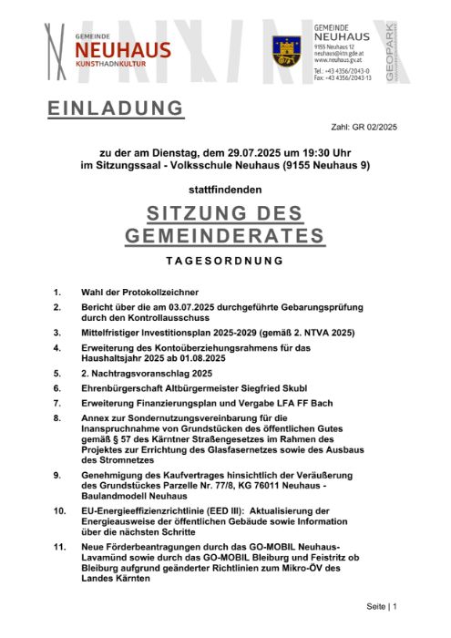 INFORMATION über die Sitzung des Gemeinderates am 29.07.2025 um 19:30 Uhr im Sitzungssaal