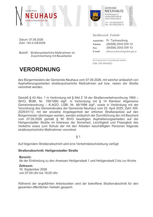 Verordnung der Gemeinde Neuhaus vom 07.09.2026