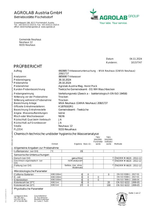 WVA Neuhaus: Trinkwasseruntersuchung - Prüfbericht vom 04.11.2024 (Nachbeprobung)