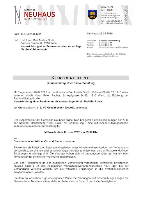 Kundmachung der Gemeinde Neuhaus vom 26.05.2026, Zl. 131-9/03/2026/01